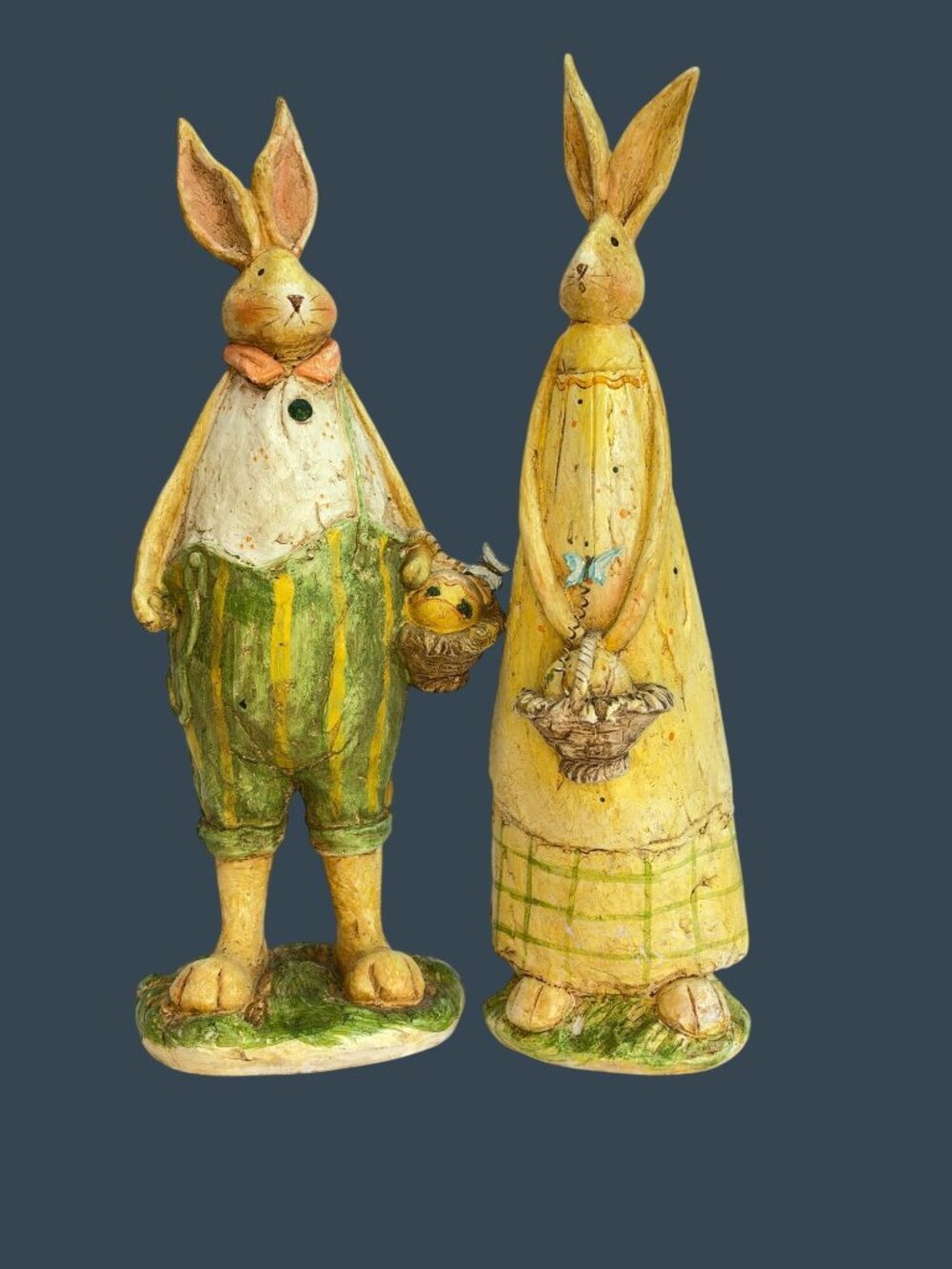RAZ Imports 13" Easter Bunny Rabbit Couple Figurines Baskets Rustic Folk Art